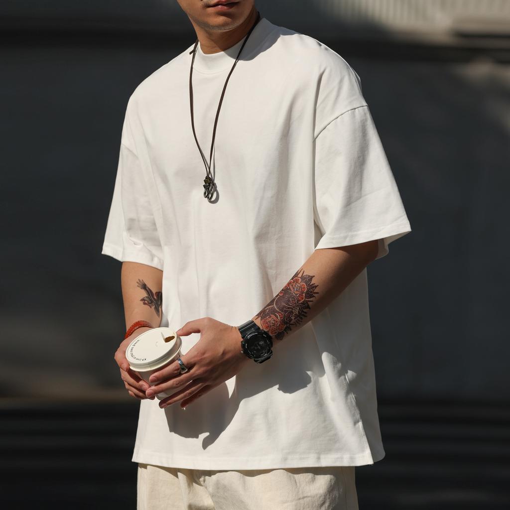 Heavy Small Neckline Short-sleeved T-shirt Men's Loose Summer Casual Solid Color Anti-wrinkle Large Size T-shirt