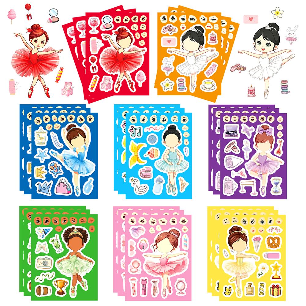 8/16Sheets Cartoon Ballet Girl Making Face Puzzle Stickers DIY Notebook Children Educational Toys Waterproof Party Gift Stickers