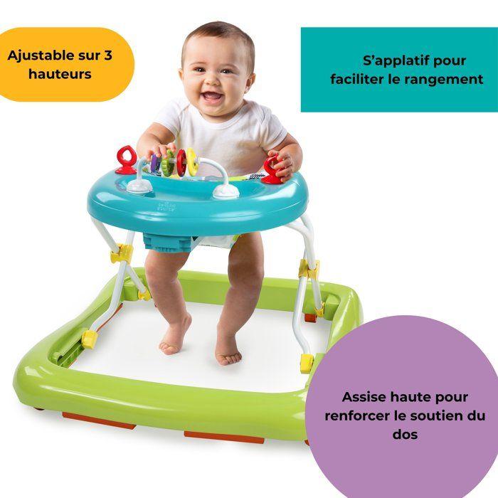 BRIGHT STARTS Trotteur bébé pliable- Safari- Jouets interactifs, Hauteur Réglable, cadeau bébé 6M+