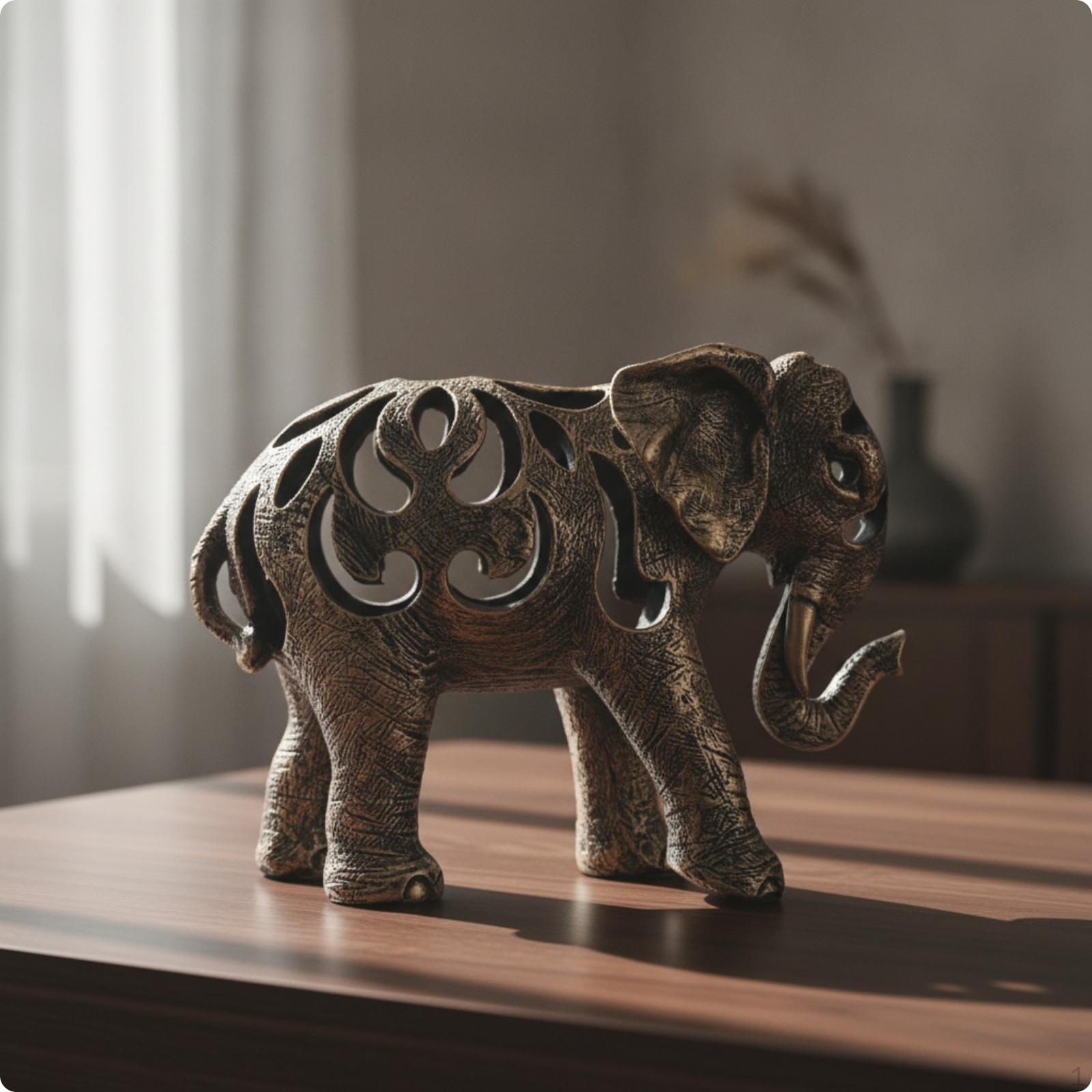 Elephant Sculpture with Cutout Patterns Antique Bronze Resin Figurine Retro Style Ornament Hollow Elephant S