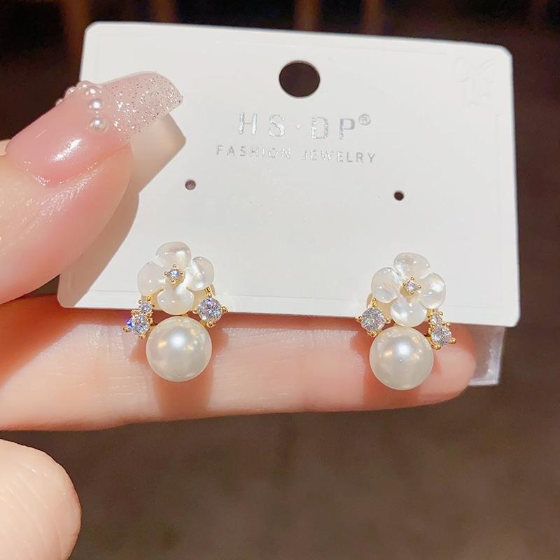Flower Zircon Pearl Pendant Stud Earrings for Women Elegant Ladies Wedding Party Jewelry