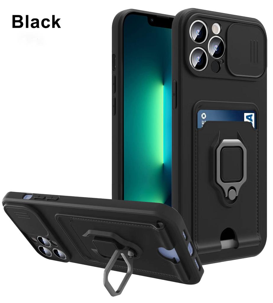 Luxury Slider Lens Privacy Protection Phone Case For iPhone 17 16 E 15 14 13 12 11 Pro Max Plus Magnetic Ring Card Holder Cover