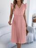 Women Solid Color Casual Lace V Neck Ruffled High Waist Pleated Sleeveless Long Dress