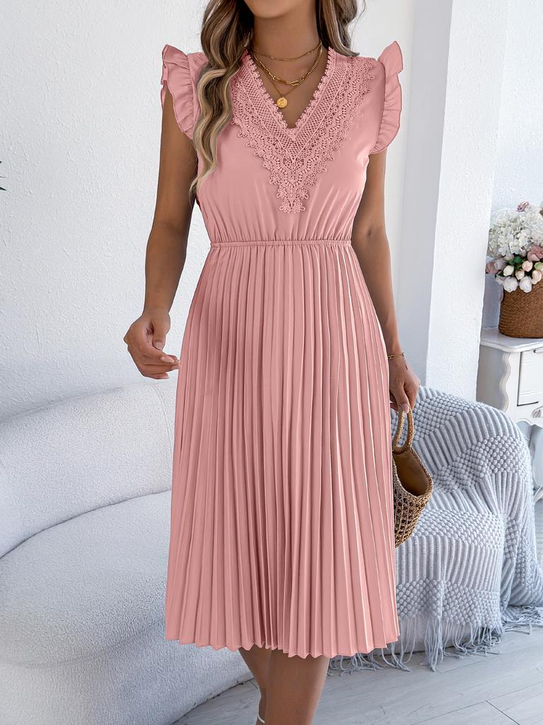 Women Solid Color Casual Lace V Neck Ruffled High Waist Pleated Sleeveless Long Dress