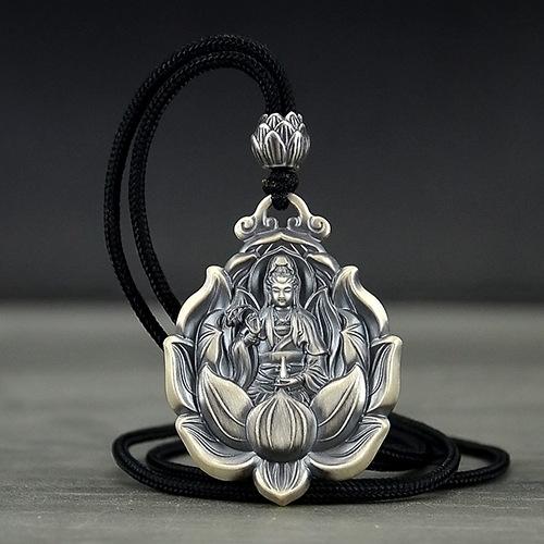 Wisiorek Guanyin ze srebra próby 999 w stylu vintage, męski naszyjnik z litego srebra, wisiorek-amulet, kobiecy wisiorek z Buddą Maitreyą w roku urodzenia