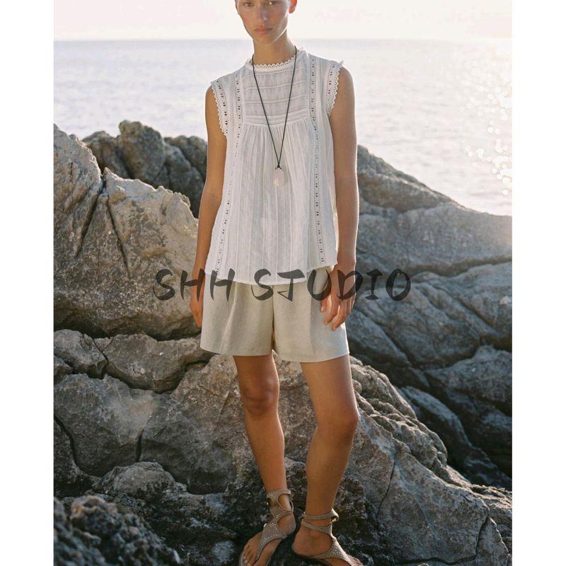 Summer New Product Women's Clothes Romantic Style Frill Decoration Vertical Lacework round-Neck Sleeveless Tops 1821121