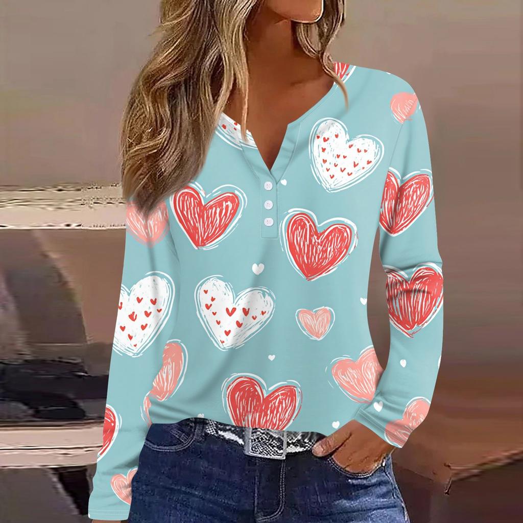Women's T Shirt Tee Valentine's Day Printed Button Long Sleeve Tunic Daily Weekend Fashion Basic V- Neck Regular Top
