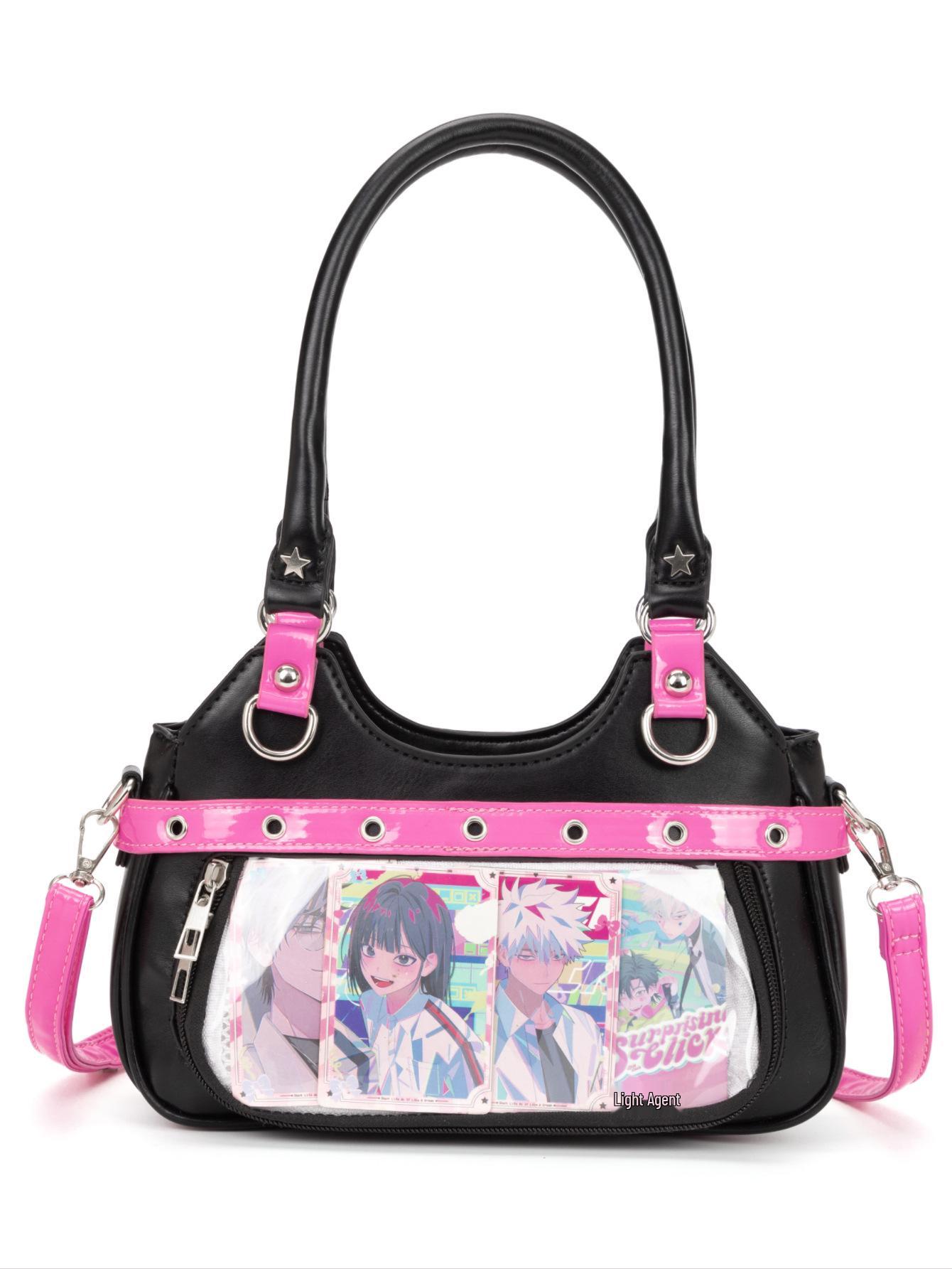 

Japanese PU Leather Y2K Spicy Girl Ita Bag - Large Capacity Transparent Badge Crossbody for Students