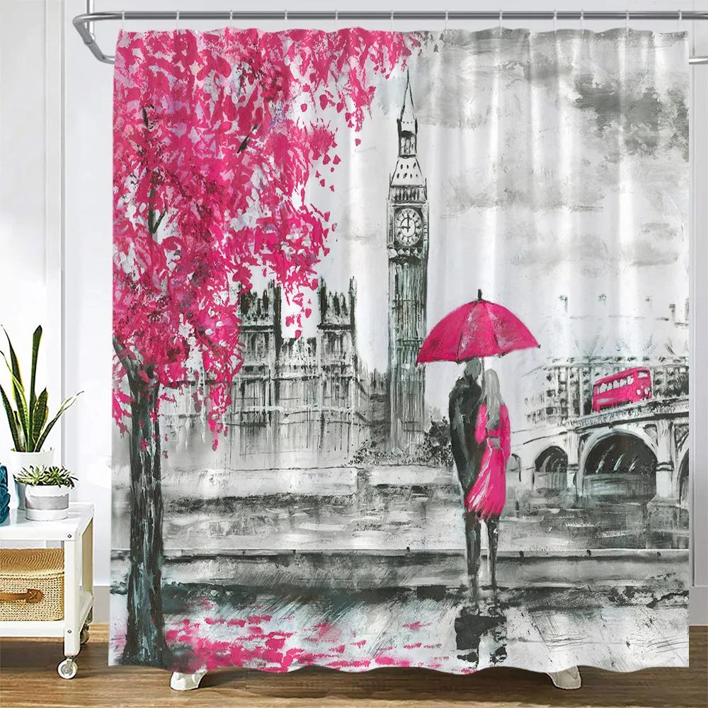 Vintage Paris City Scenery Shower Curtain  Tower Pink Rose Flower Painting Spring Bathroom Decor Waterproof Screen With Hooks