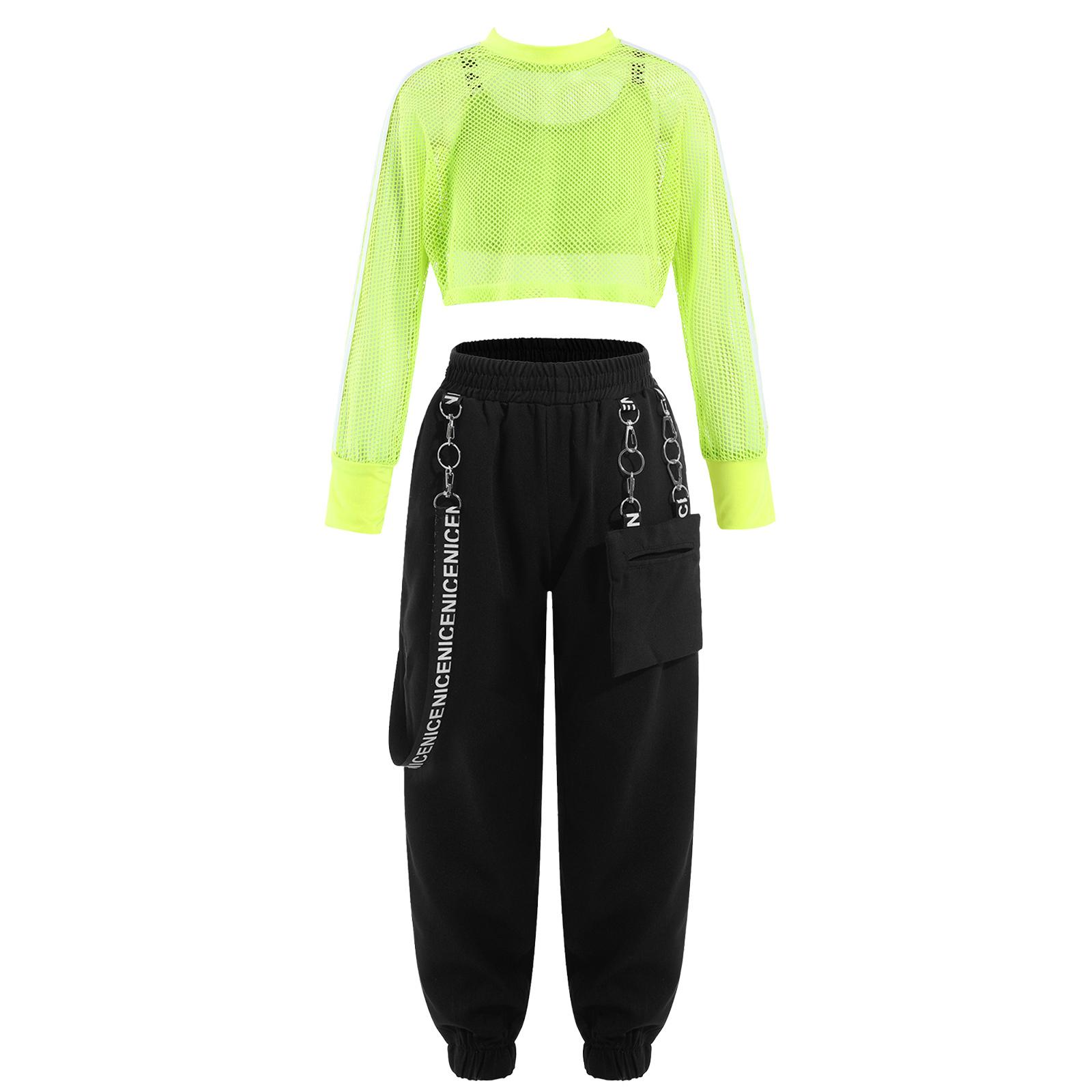 

Спортивный танцевальный наряд для девочек, комплект из 3 предметов, сетчатый укороченный топ с буквенным принтом, жилет с металлической цепочкой, брюки для хип-хопа, скейтбординга 5-6 Years зелёный