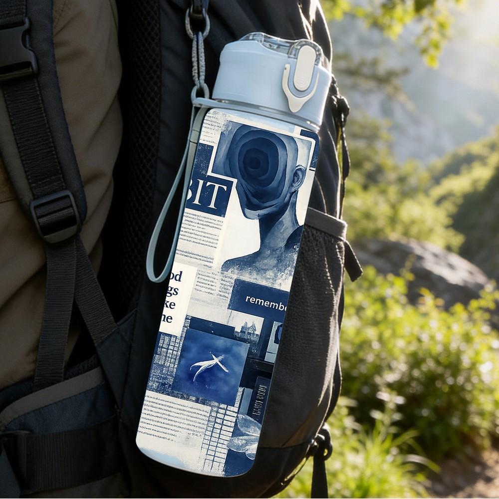 1PC Blue Tone Vintage City Collage Print 750ml Color Plastic Sports Water Bottle Leakproof Flip Straw Lid Suitable for Sports Office Home Use