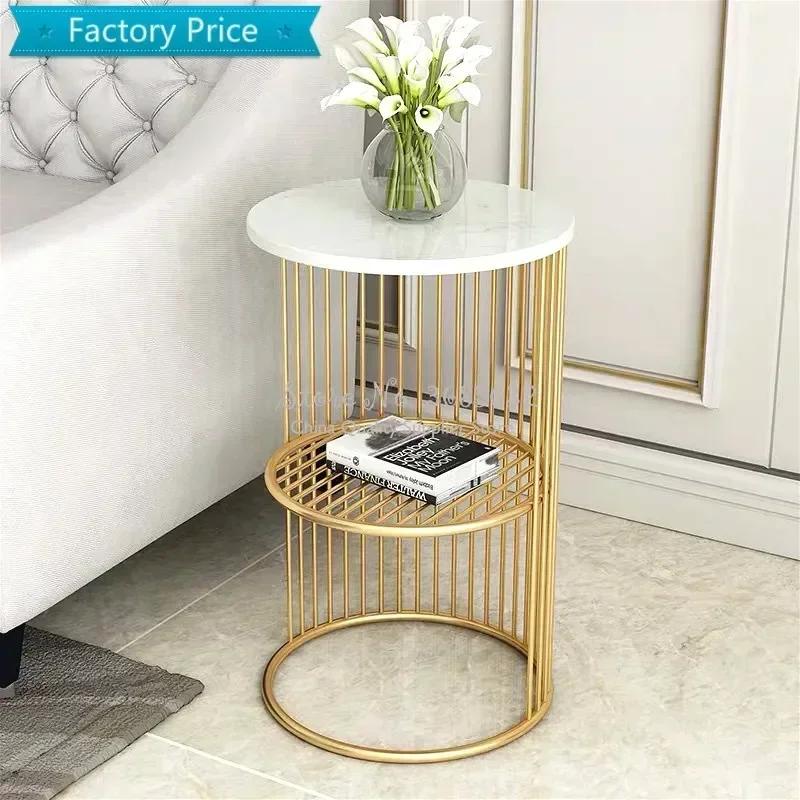 Nordic Golden Iron Coffee Table with Marble Top Minimalist Bedside Small Sofa Shelf Modern Living Room Decor