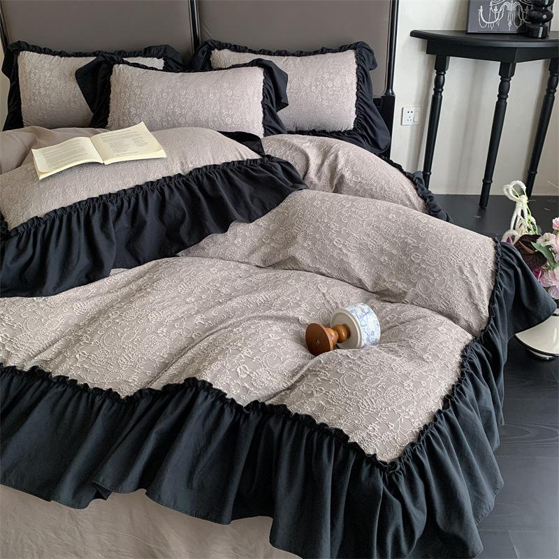 French Large Lace Bedding Set Four-piece Set Princess Style Skin-friendly and Comfortable Washed Quilt Cover Bed Sheet Pillowcase