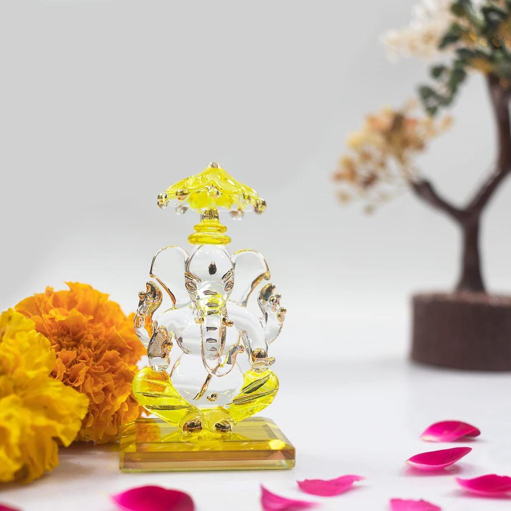 God Ganesh Sitting with Chakra Statue (Murti) Idol Showpiece Handmade of Crystal Glass by for Worship, Decoration