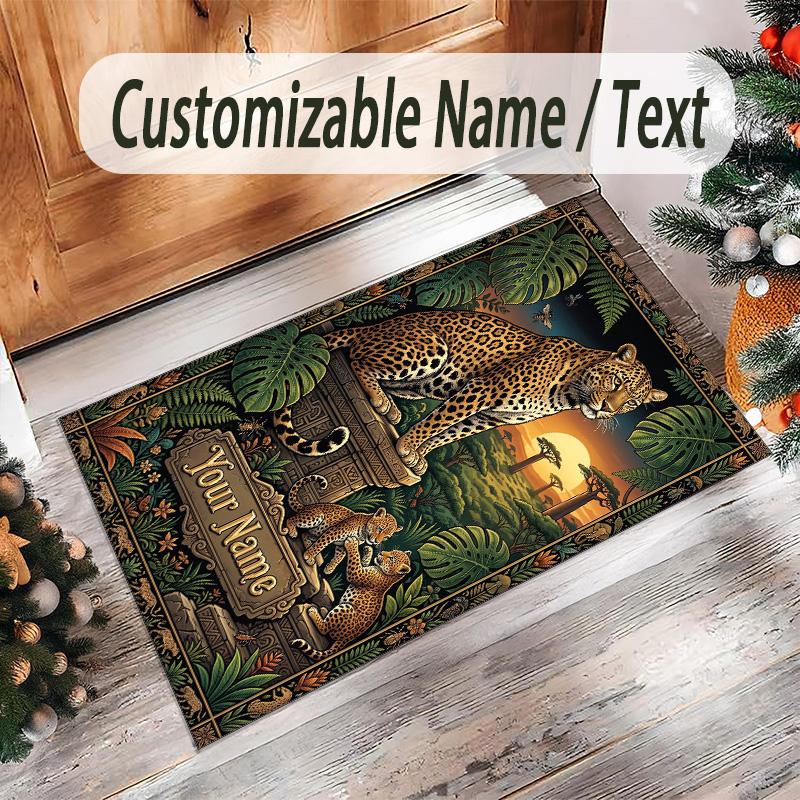 Leopard Theme Crystal Velvet Floor Rug Personalized Custom Name Text Warm Carpet Home Decoration