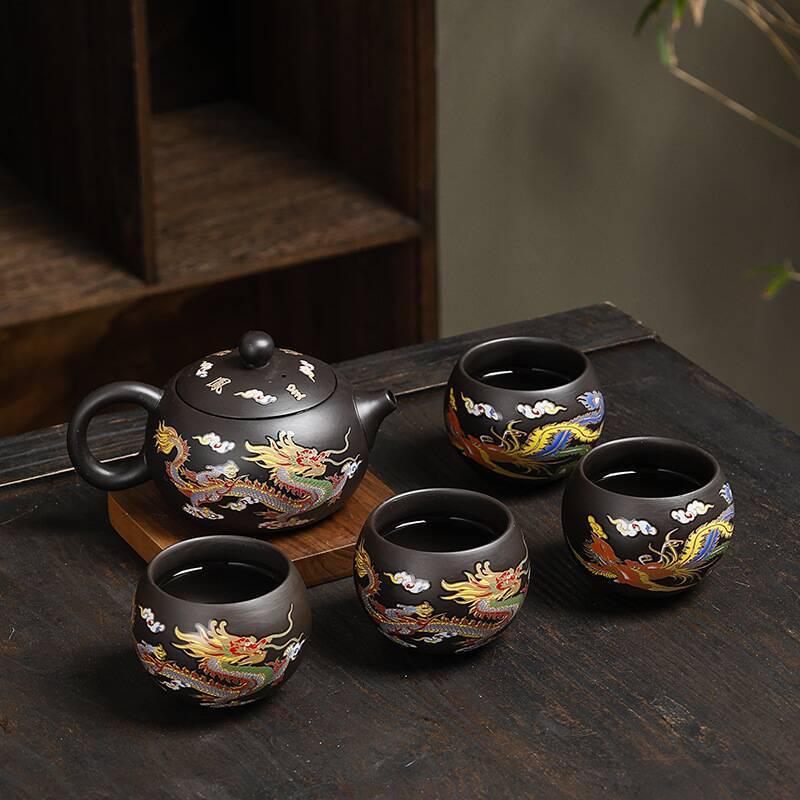 Color-Changing Chameleon Dragon & Phoenix Zisha Teapot Set - Xishi Design Gift Box