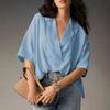 Women White Notch Lapel Half Sleeve Draped Front Blouse