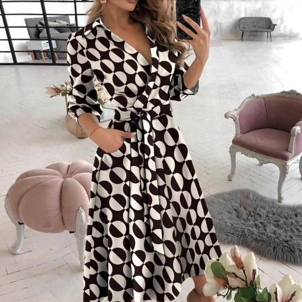Women's Spring/Summer Fashion V-Neck Long-Sleeve Printed Hip Dress