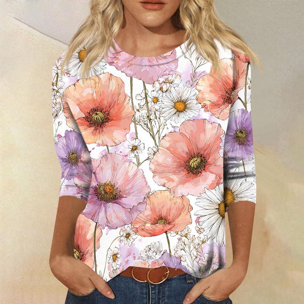 Women Casual Round Neck Three Quarter Sleeve Floral Print T Shirt Top Lightweight Soft Fabric Comfortable Fit Spring Summer Wear