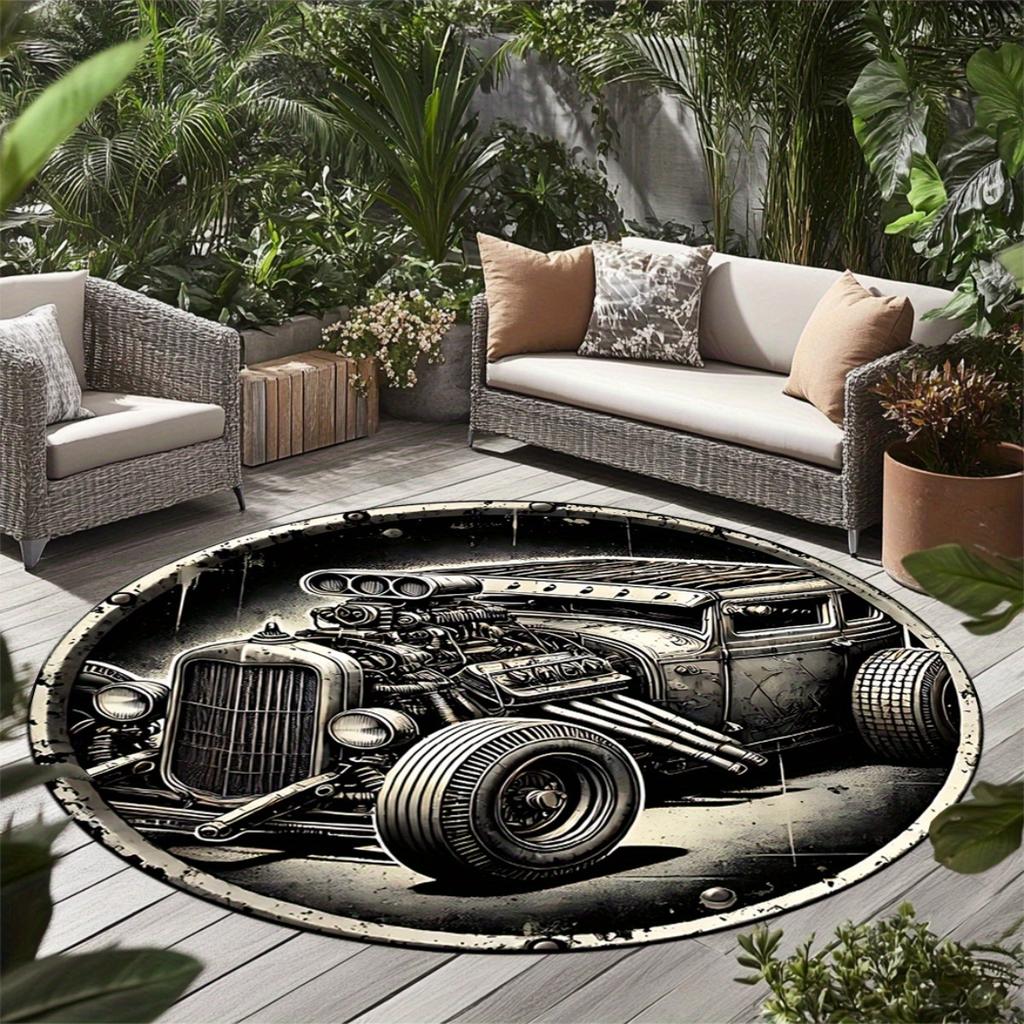Vintage Car Engine Round Rug Flannel Printed Outdoor Patio Mat Automotive Decor Garage Theme Furniture Home Interior Design