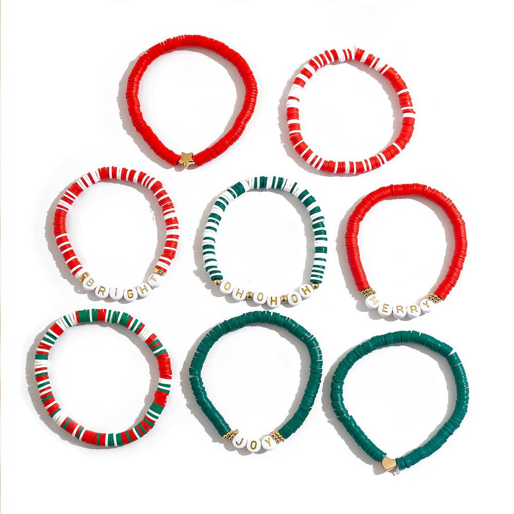 Handmade Christmas Polymer Clay Beaded Bracelet Set – European & American Holiday Bangle with Christmas Letter Charms