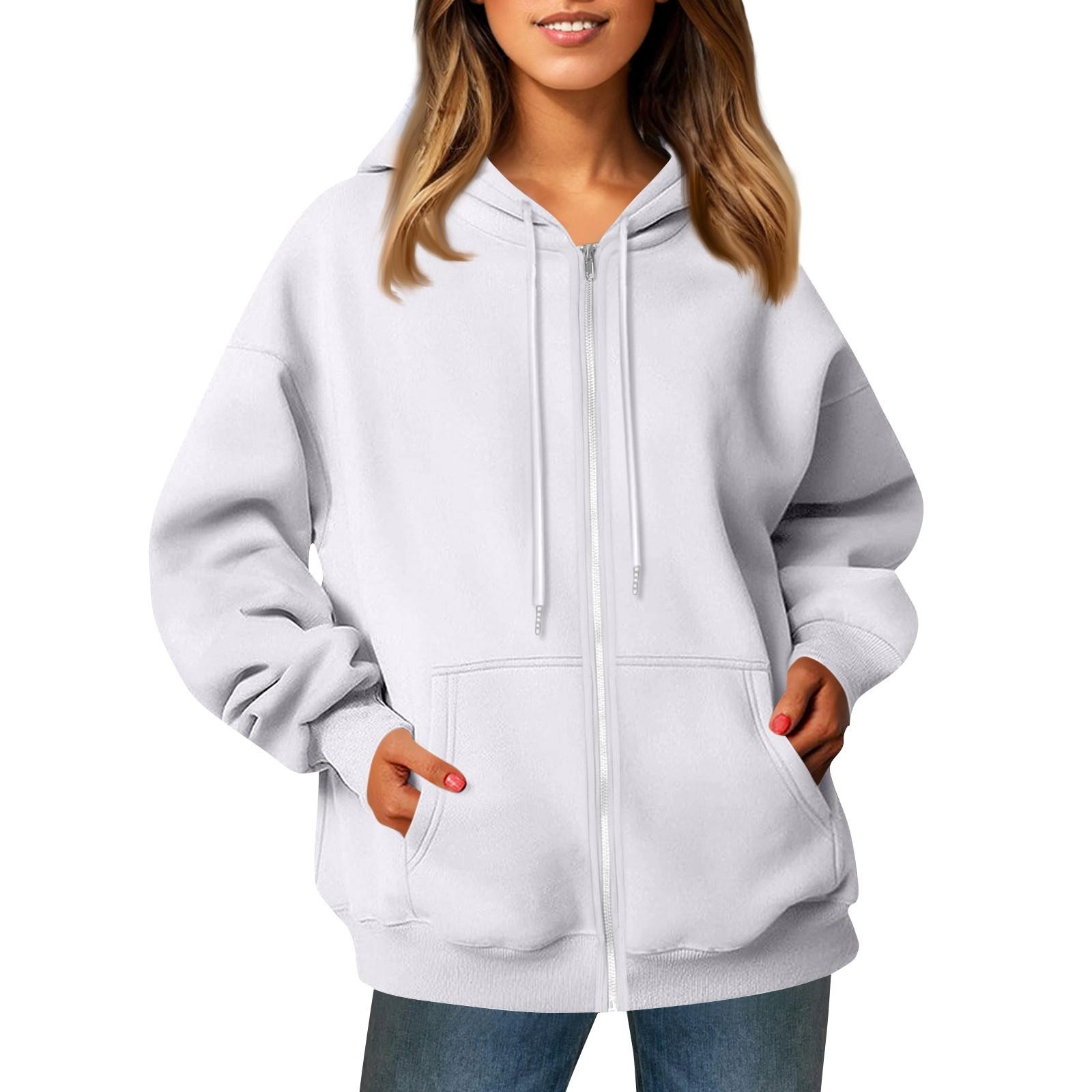 

Женская повседневная модная однотонная куртка с длинными рукавами, карманом, молнией, капюшоном, затягивающимся шнурком XXL белый