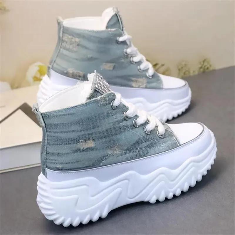 Fashion Fashion Women Chunky Platform Motorcycle Boots Lace Up Thick Bottom Shoes Woman Autumn  Ankle Boots Denim canvas shoes