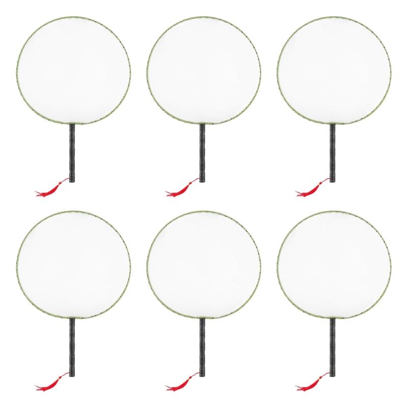 

6Pcs Kids DIY Painting Writing Round Hand Fan Craft Kits With Black Handle Tassels Silk Fabric For Creative Art Projects 1