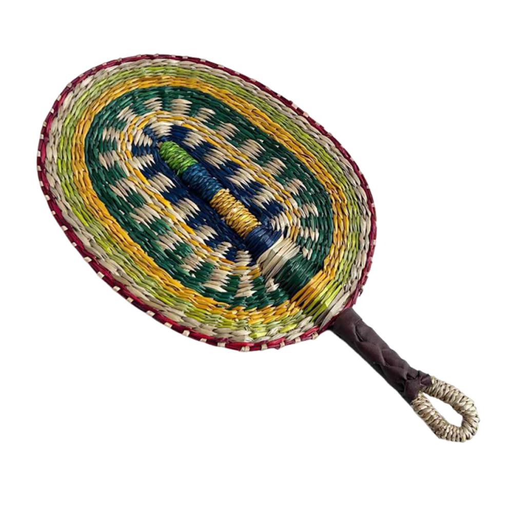 Vintage Seagrass Woven Fan Colorful Striped Patterns Summer Cooling Fan  Home Decoration