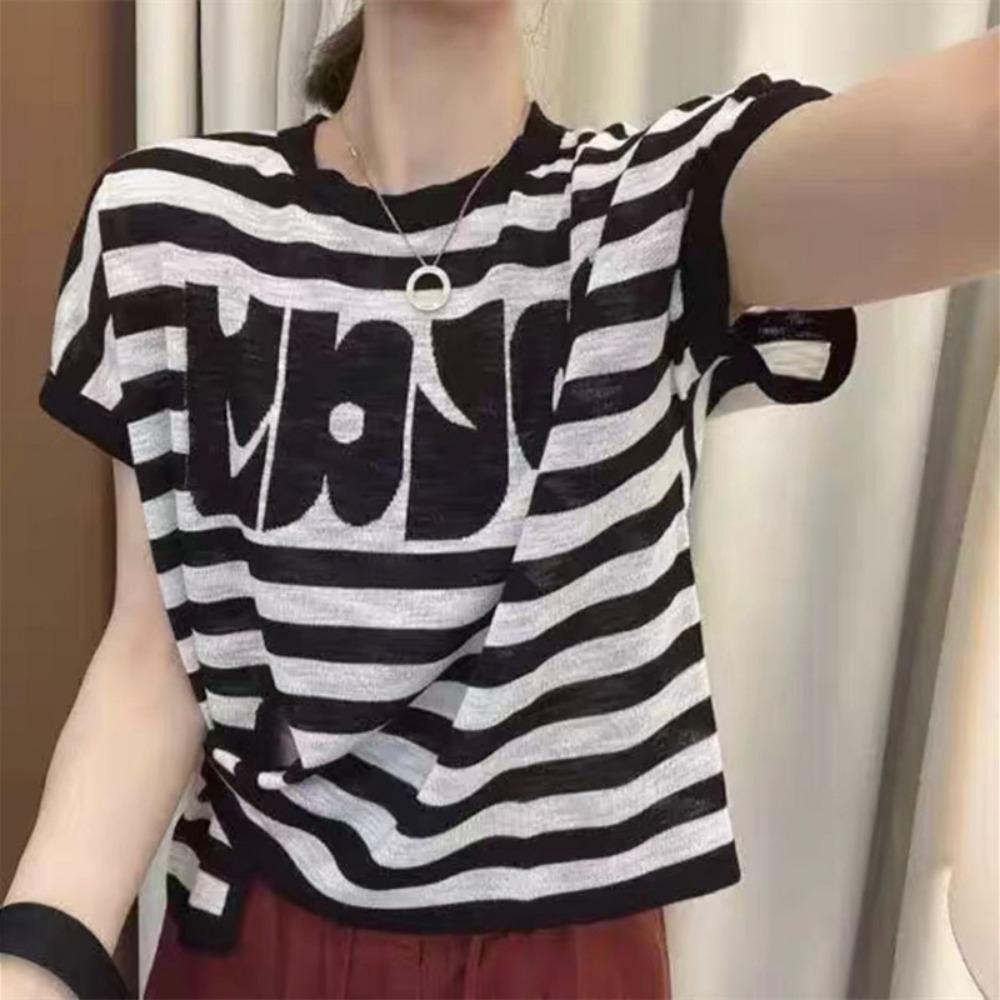 

Summer New Women s T-shirt worsted Wool Knit Pullover Short Sleeved Tops Casual Fashion Loose Round Neck Embroidery Thin Tees S