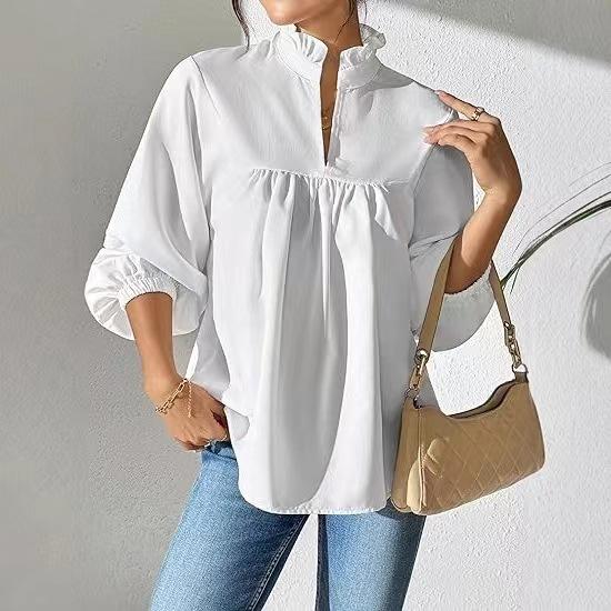 Cross-border new 2025 autumn loose women s Amazon casual pleated cardigan collar women s shirt S белый