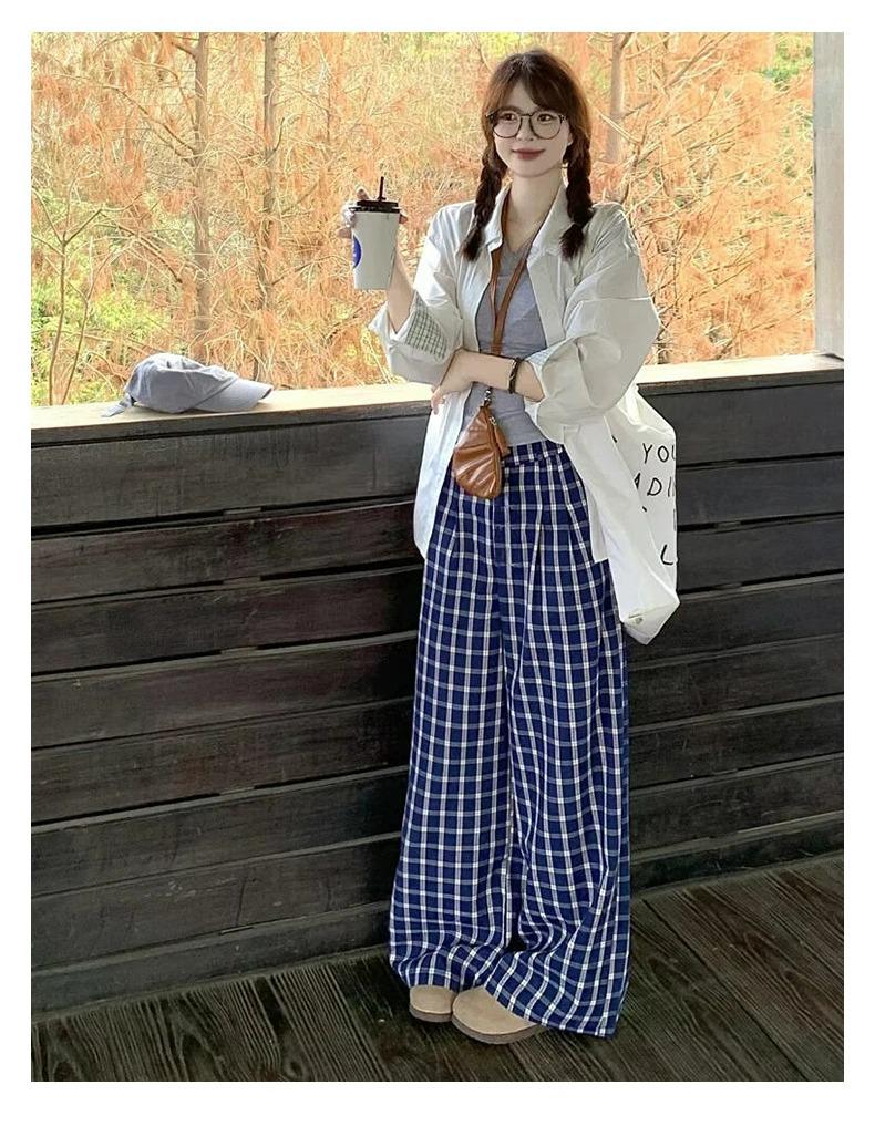 

Korean Retro Plaid High Waist Wide Leg Pants for Women - Summer Drapey Straight Leg, Zhao Lusi Style. XS (recommended 60-79 jin)