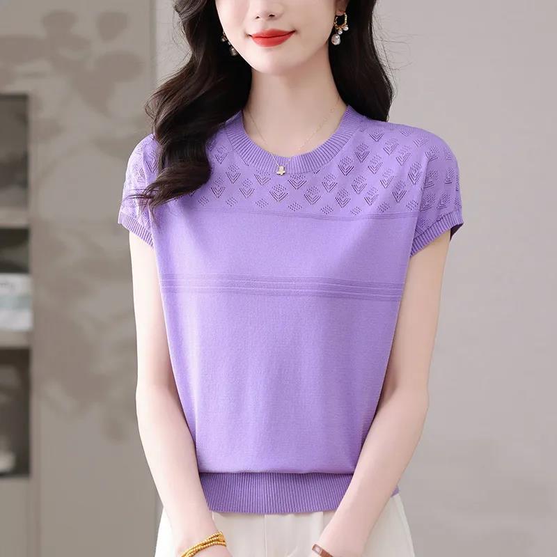 

Women s Knitted Shirt Summer New Ice Silk Short Sleeve Thin Cut Hollow Round Neck Knitted Top 2XL фіолетовий