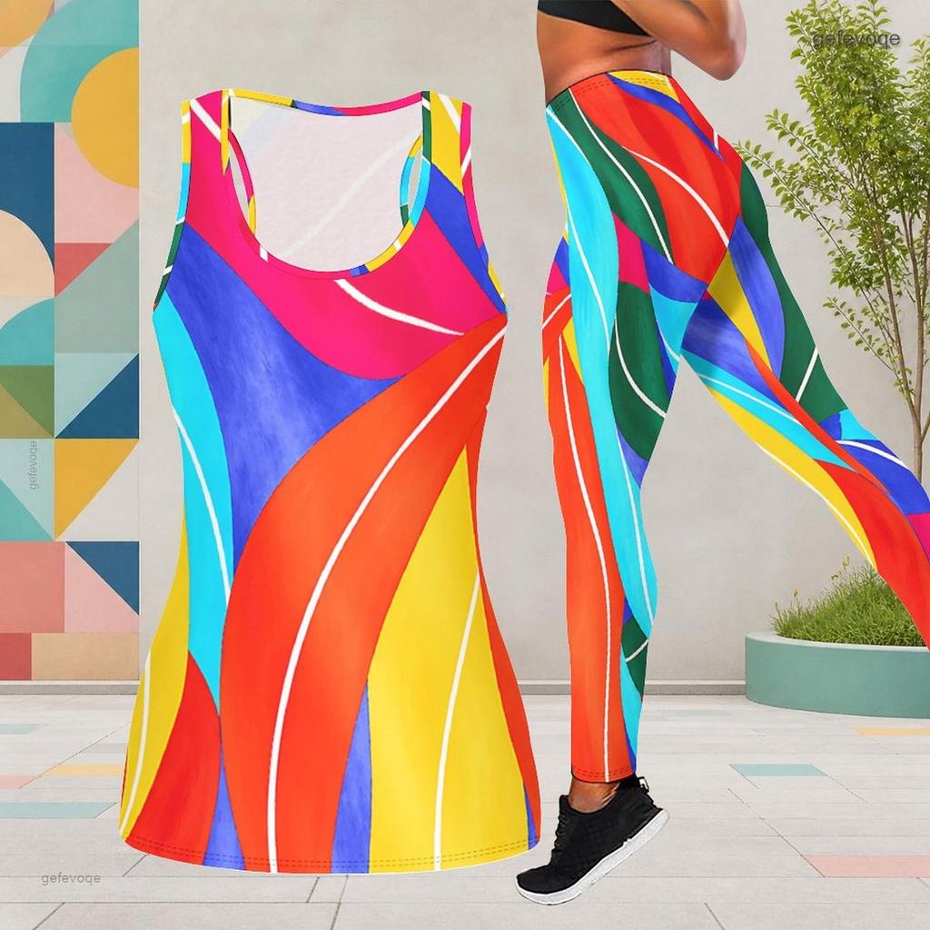 Women Plus Size Printed Two Piece Outfit Scoop Neck Sleeveless Tank Top And Fitted Pants