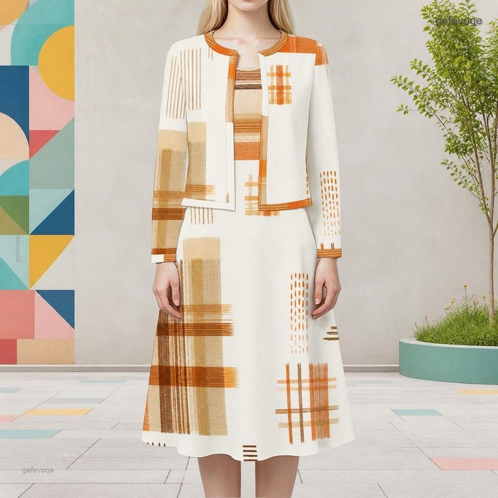 Women Plus Size Printed Two Piece Dress Set Round Neck Long Sleeve Cropped Cardigan Sleeveless Dress