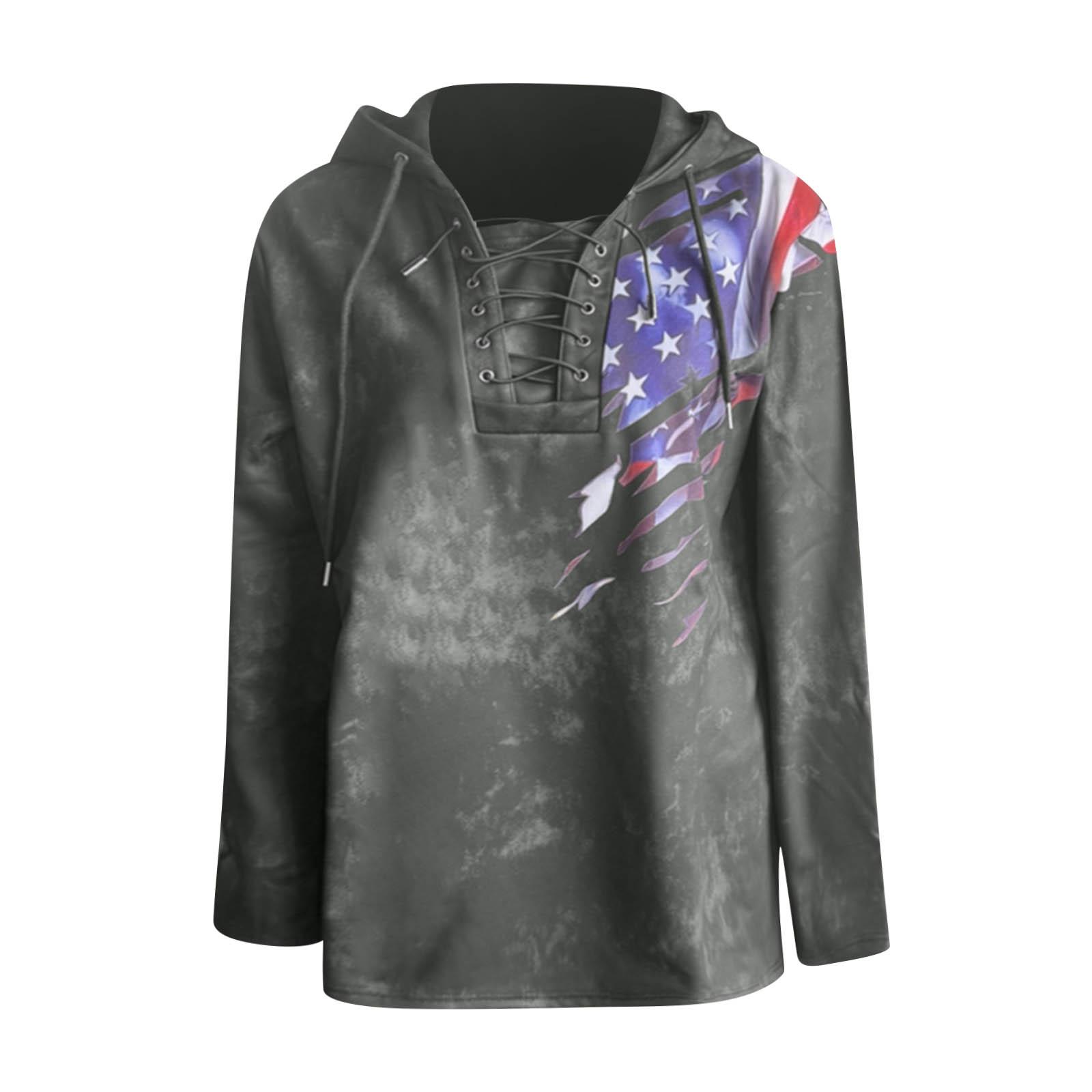 Men s Retro American Flag Print Lace-Up Casual Sports Hooded Long-Sleeved Sweatshirt L