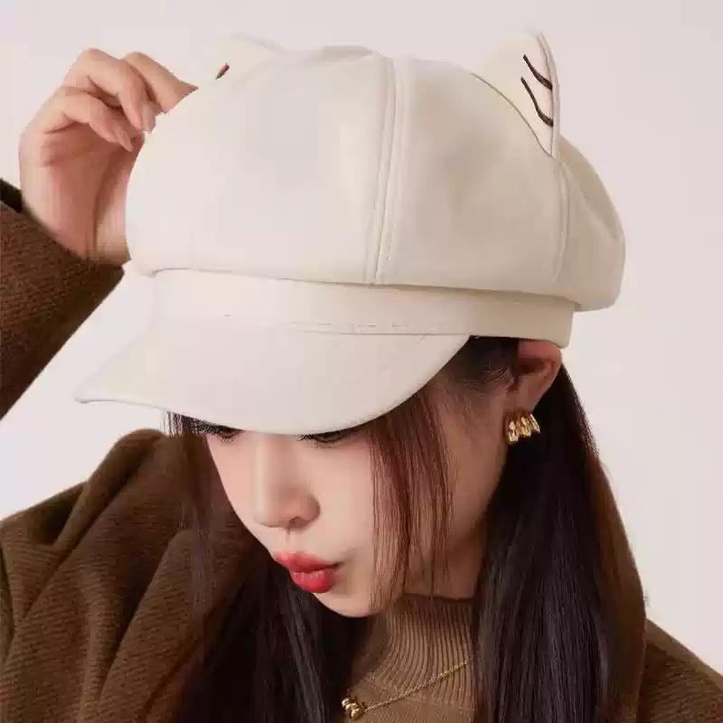 Japanese Style Cute Woolen Cat Ear Beret For Women Autumn And Winter Duckbill Octagonal Hat