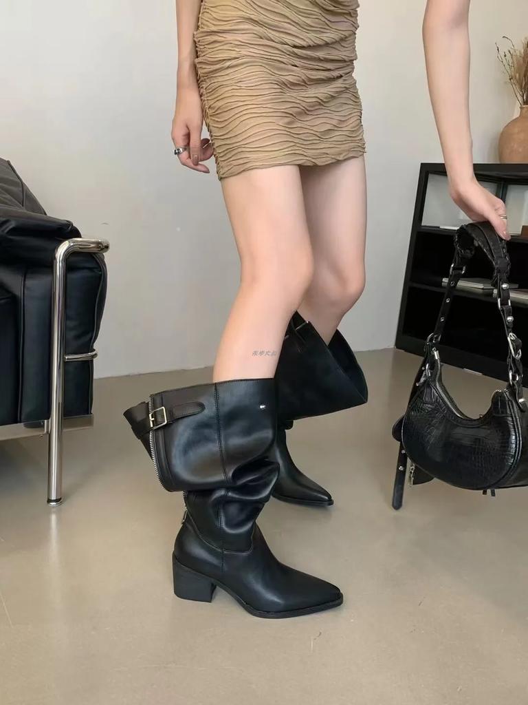 Fashion Platform Thick Heel Women Western Cowboy Boots Fashion Slip On Folded Pile Long Booties Female Shoes Autumn Winter