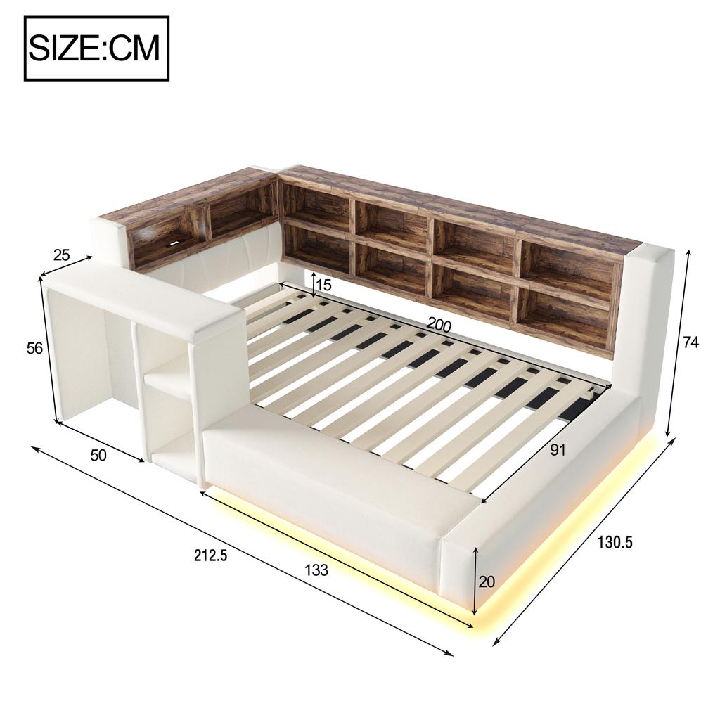 Stoppad säng 90 x 200 cm, Med förvaring på flera nivåer, LED-belysning, Integrerade uttag i sänggaveln, Sidobord, Stoppad ryggstöd, Beige