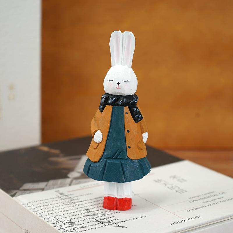 Handmade Princess Rabbit Wooden Carving Mini Statue Cute Cartoon Office Desk Decor Gift for Women