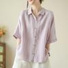 Casual Loose and Thin Cotton and Linen Thin Short-sleeved Shirt Top Summer New Versatile Solid Color POLO Neck Cardigan Women