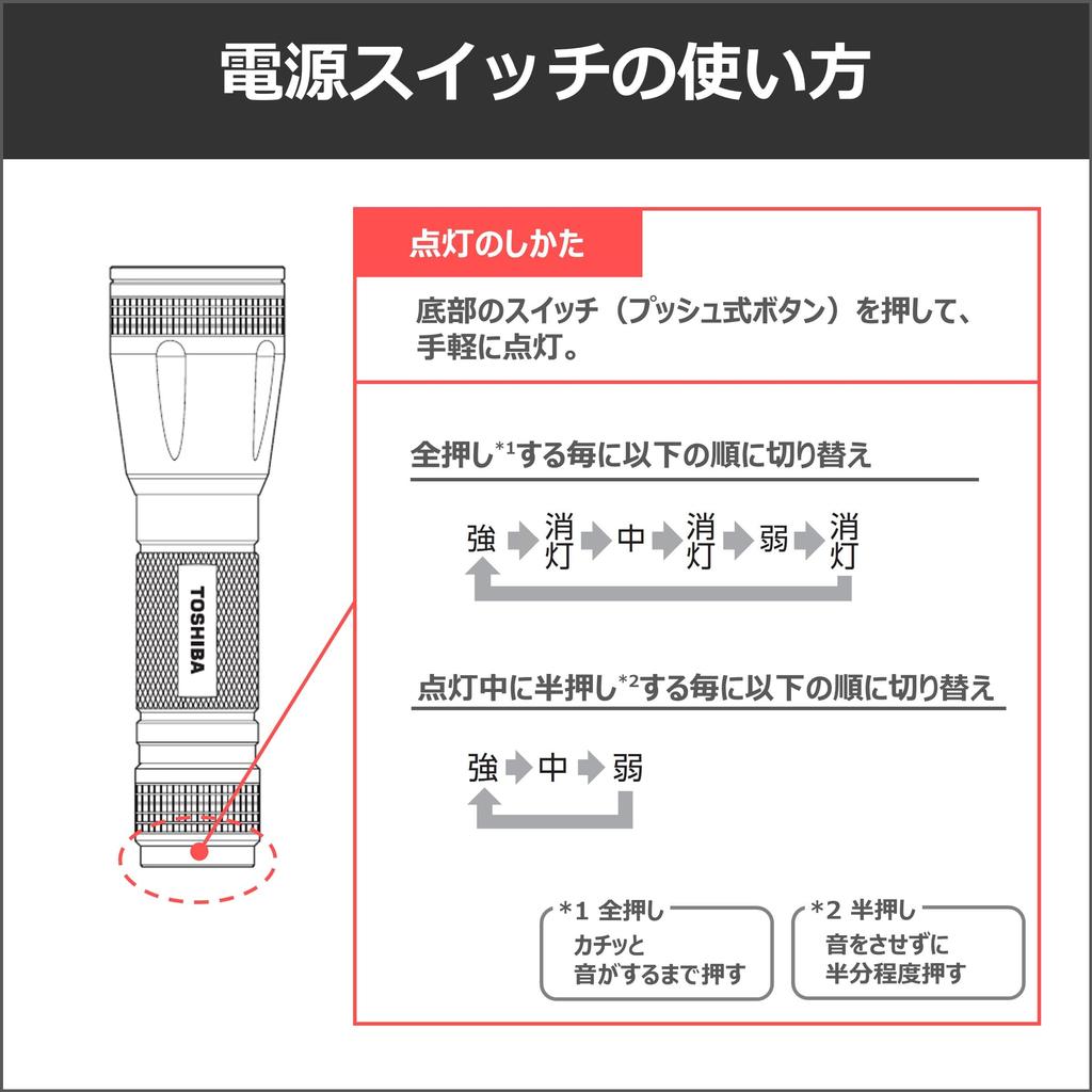 TOSHIBA KFL-43(K) LED Flashlight with High-Brightness LED Chip, 3-Level Dimming, Portable Mini Size, Uses 3 AAA Battery