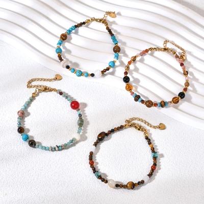 Bohemian Retro Bunter Naturstein Perlenarmband mit Edelstahl, Farbechtes Design