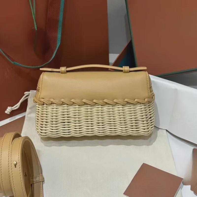 Bamboo & Rattan Handwoven Leather Crossbody Lunch Bag for Women