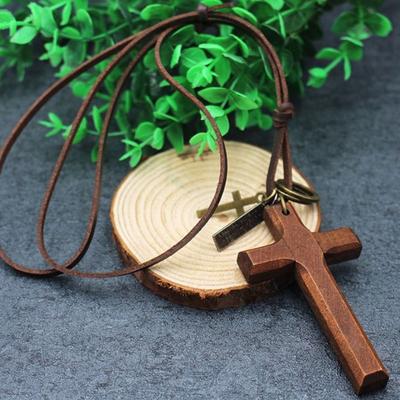 Car Hanging Ornament Handmade Cross Necklace Metal Tags Religious Wood Cross Necklace Deep Brown Catholic Crucifix Pendant Chain