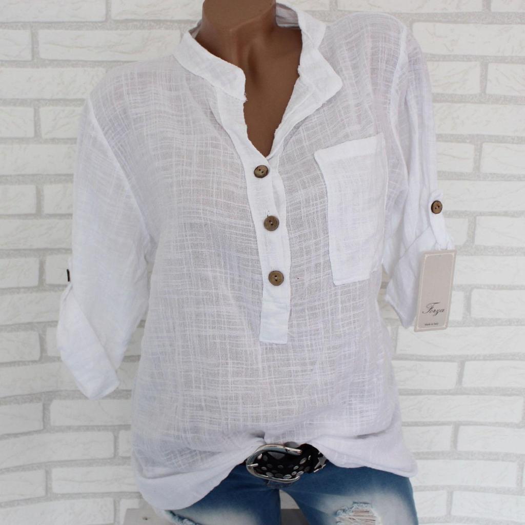 Spring Autumn Cotton Linen Shirts Women Roll Long Sleeve Plus Size Shirt Solid Color Buttons V Collar Pocket Tops
