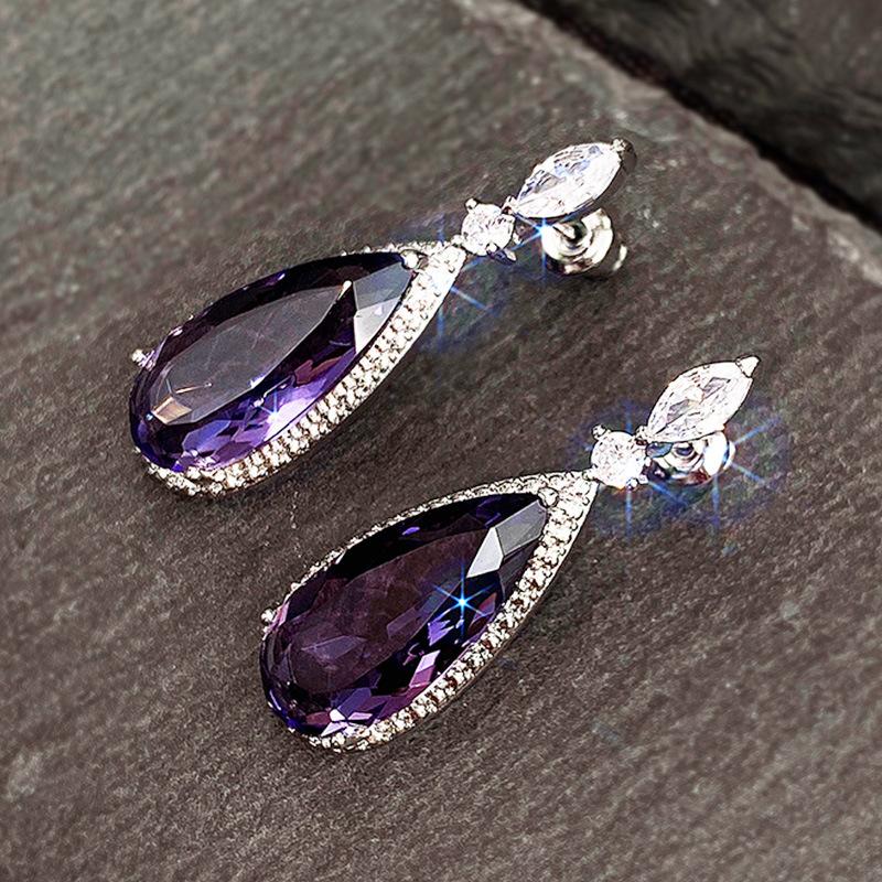 Silver Halo Purple Teardrop CZ Dangle Earrings Marquise Top Tanzanite Color Crystal Drop Earrings Women Luxury Wedding Jewelry