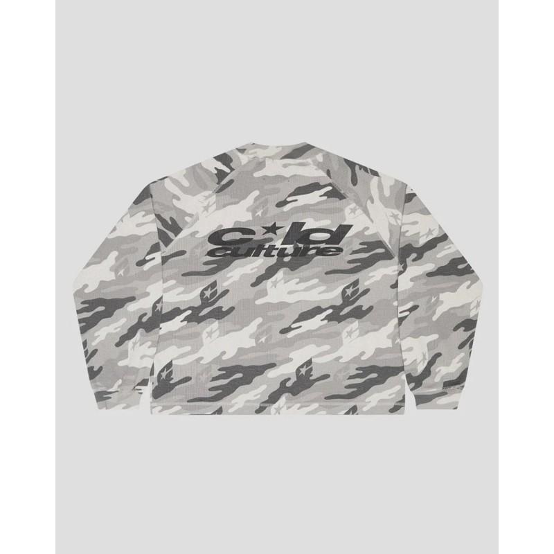 Womens Vintage Camo Sweatshirt Waffle Knit Long Sleeve T-Shirt Star Letter Print Crew Neck Loose Fit Streetwear