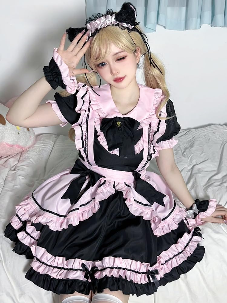 Maid Gothic Kellnerin Cosplay Kostüm mit Rüschen Lolita Ordentlich und Perfekt für Cafés und Vergnügungskurz Schwarz und Pink Ohrgröße [Shangki