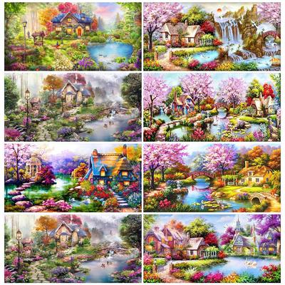 Full Square/Round Drill 5D DIY Diamond Painting River Cherry Tree House Diamond Embroidery Cross Stitch Home Decor Y5246